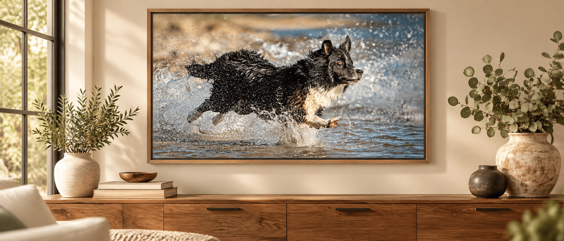Actionaufnahme eines Hundes als gerahmtes Wandbild