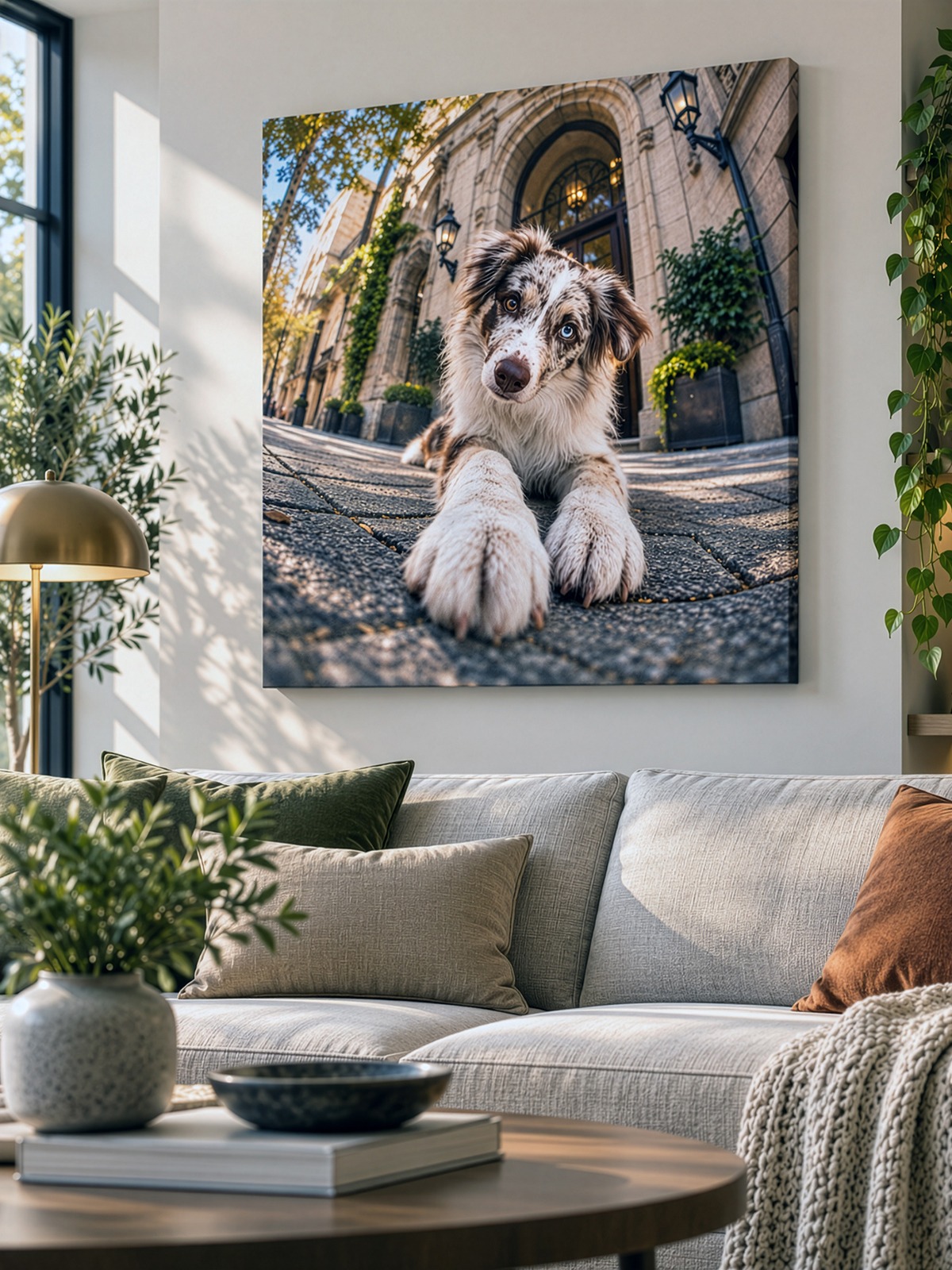 Hundebild als Leinwand in einem modernen Wohnraum