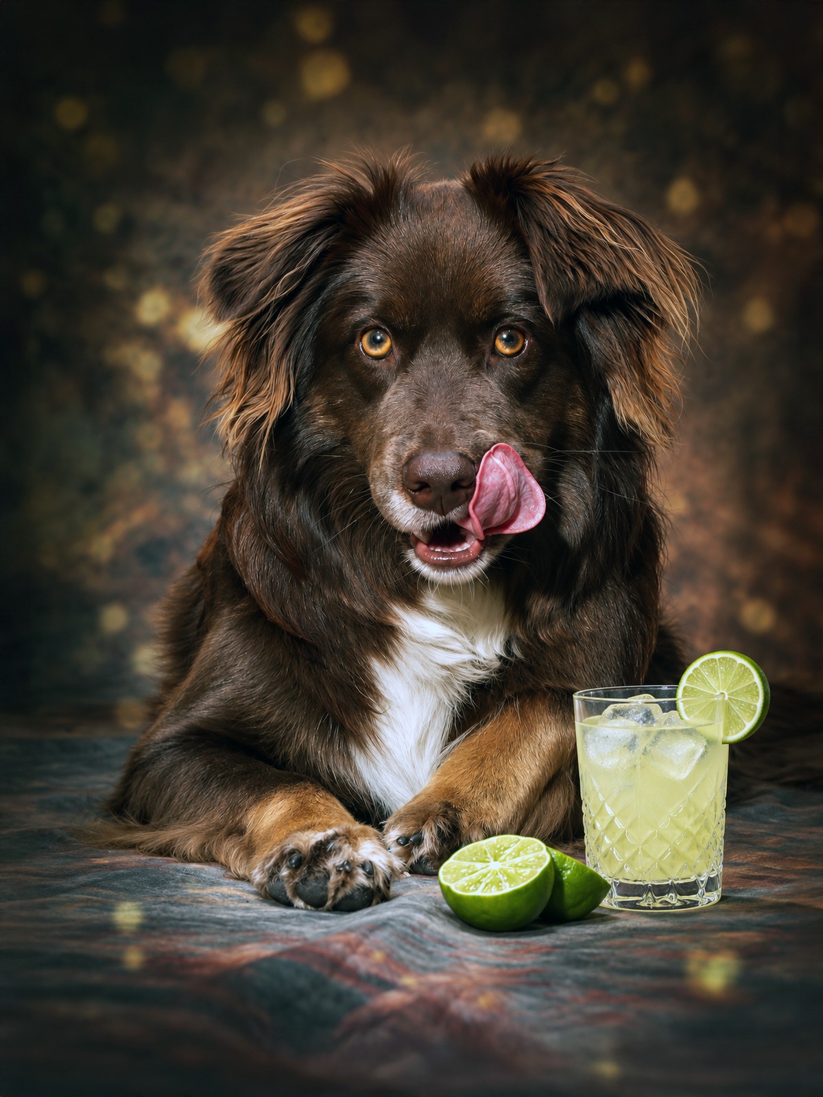 Hund mit lustigem Gesichtsausdruck, Zitronen und einem Glas frischer Limonade